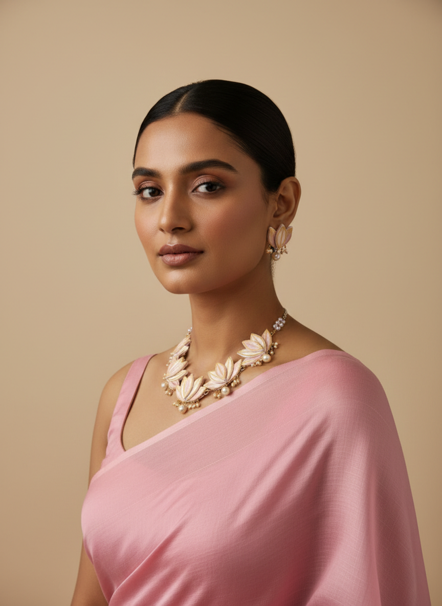Woman wearing customized jewelry with dress